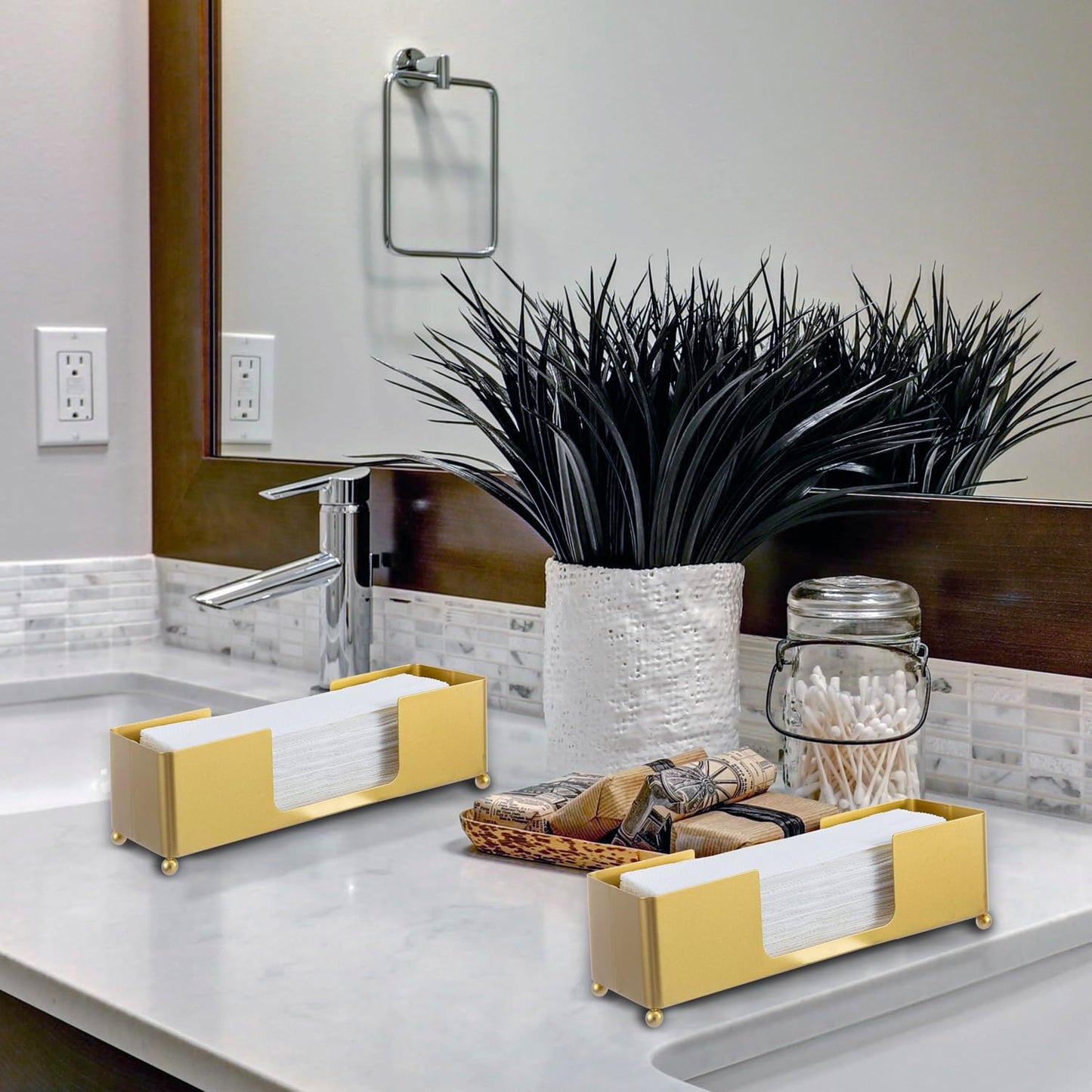 MyGift Modern Brass Tone Metal Tabletop Folded Hand Towel Holder, Commercial Countertop Tissue