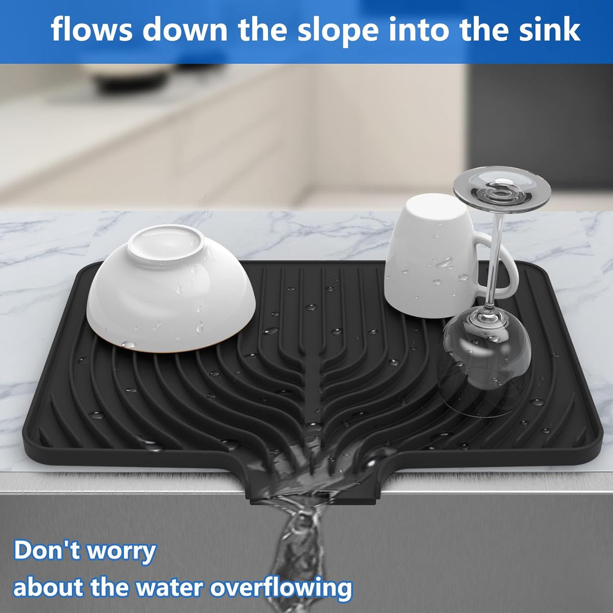 Dish Drying Matt for Kitchen Counter,18"×12"Silicone Dry Rack Mat with Built in Drain, Kitchen Dry