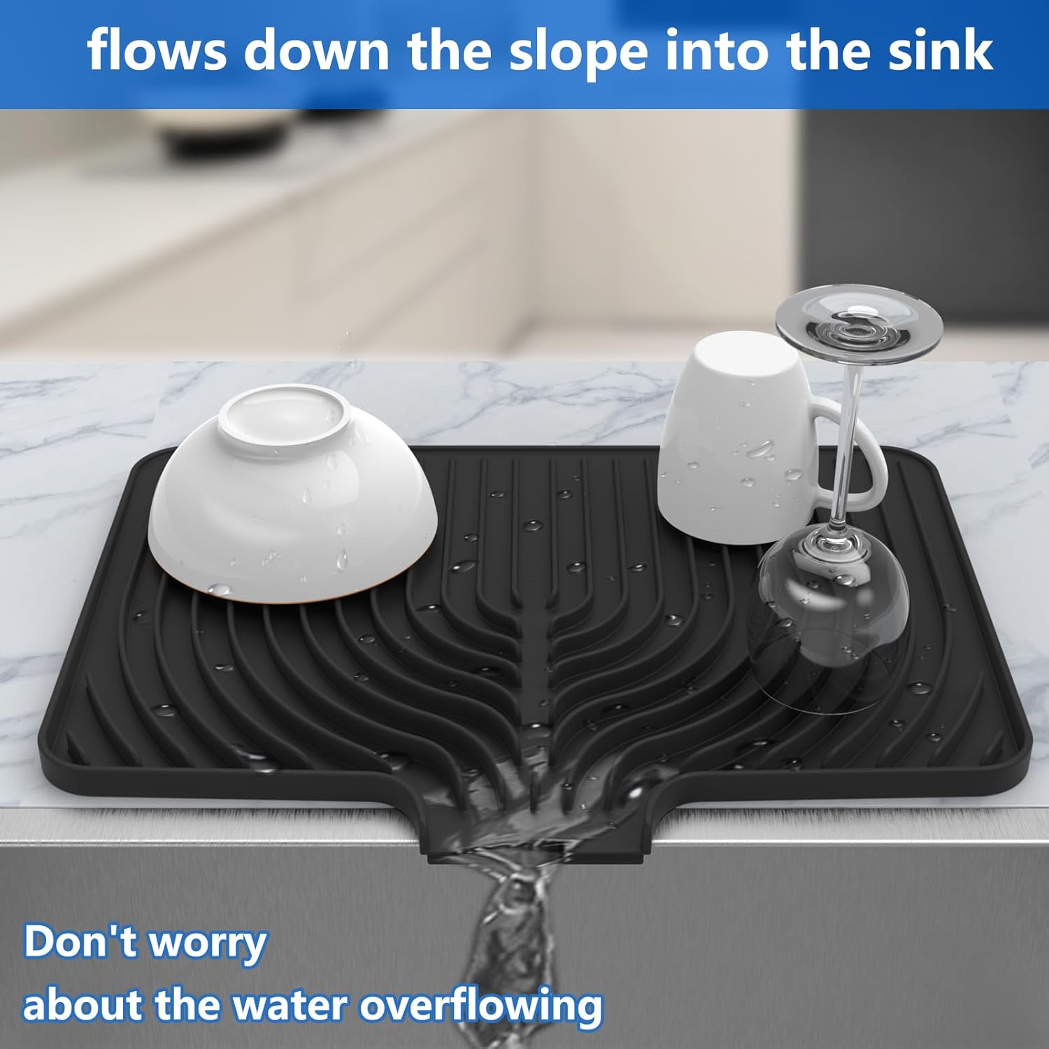 Dish Drying Matt for Kitchen Counter,18"×12"Silicone Dry Rack Mat with Built in Drain, Kitchen Dry