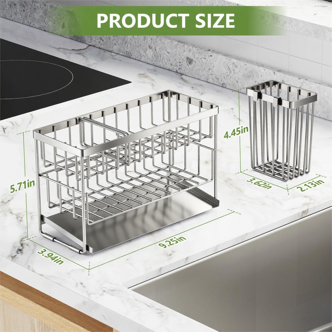 Cisily Silver 2-Tier Kitchen Sink Caddy Organzier Rack with Flexible Dish Brush Holder, Sponge