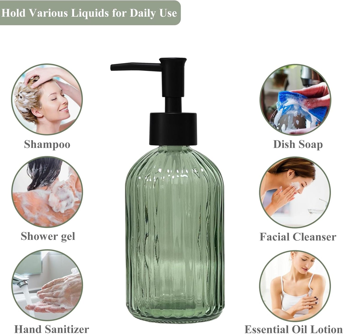 Green Glass Soap Dispenser with Black Plastic Pump, 13.5oz Refillable Liquid Hand Soap Dispenser