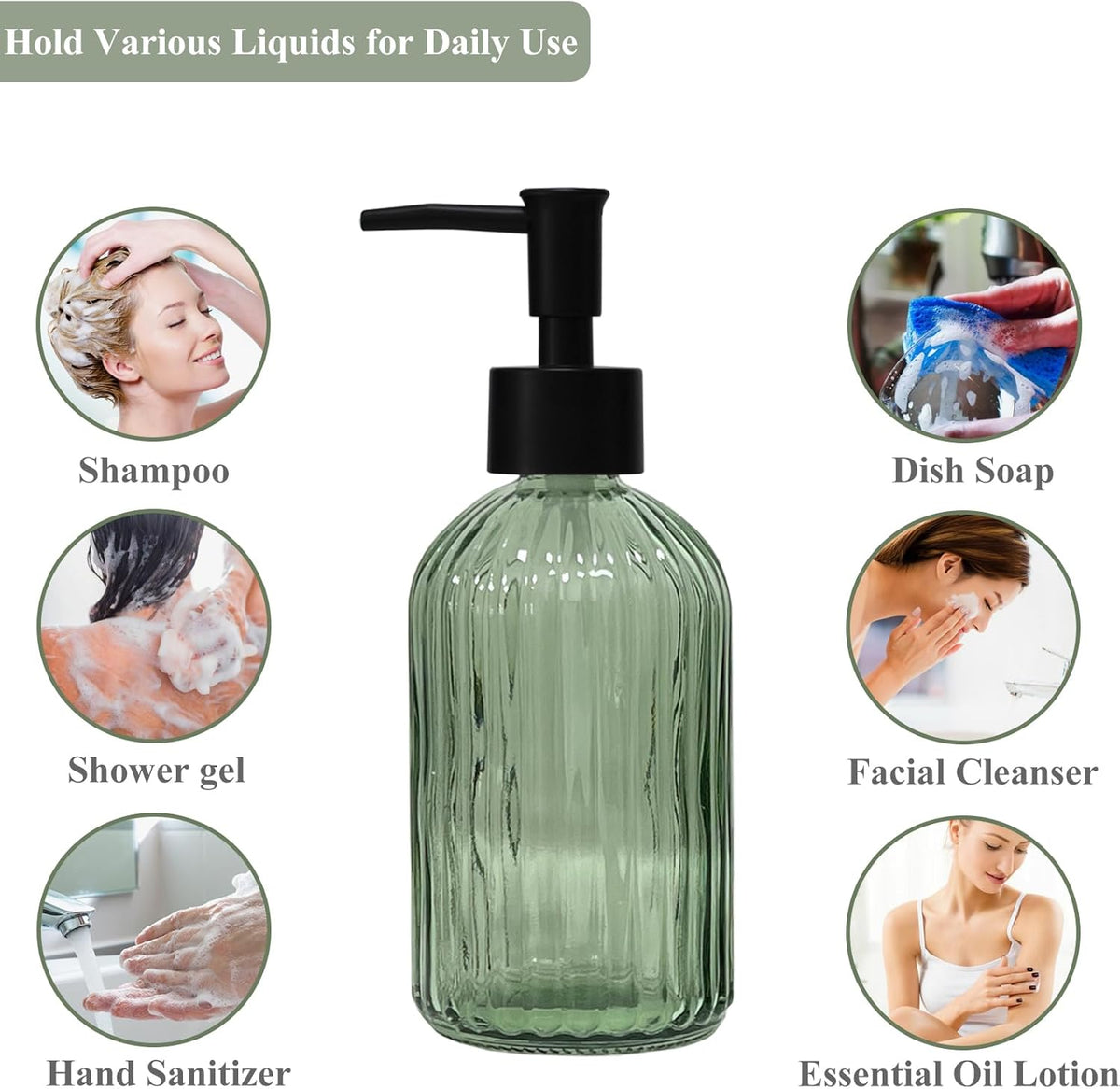 Green Glass Soap Dispenser with Black Plastic Pump, 13.5oz Refillable Liquid Hand Soap Dispenser