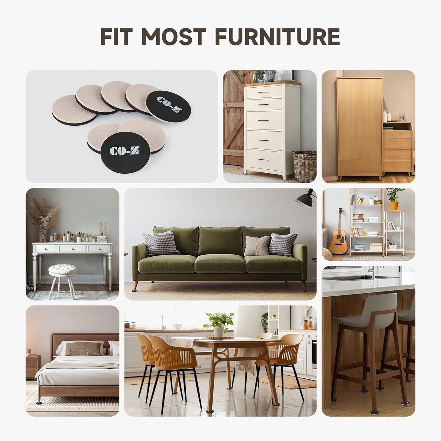 CO-Z 8pcs Felt Furniture Sliders for Hardwood Floors, 3 1/2 in Reusable Furniture Pads, Heavy