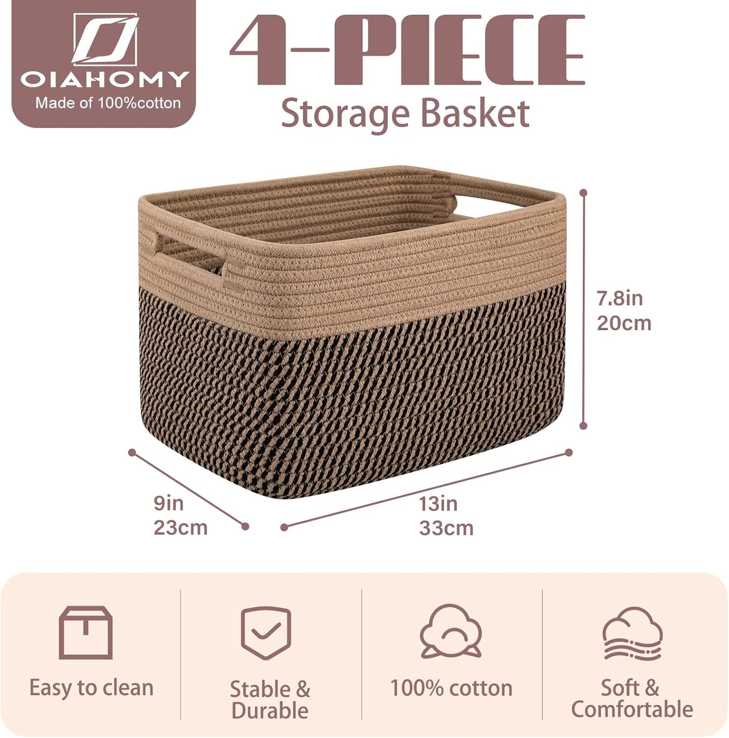 OIAHOMY 4 Pack Storage Baskets for Organizing, Basket for Shelves with Handle, Woven Baskets for