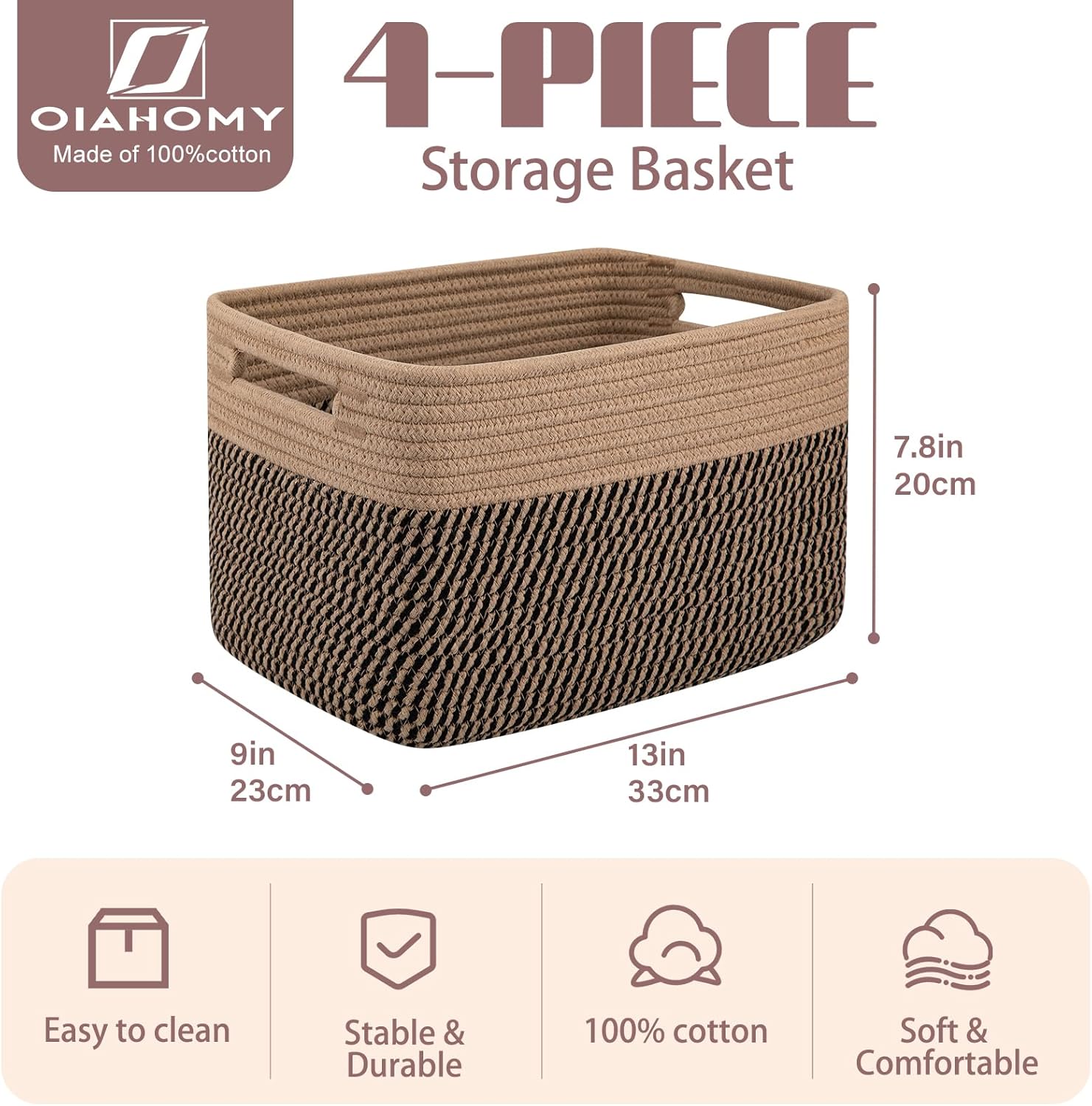 OIAHOMY 4 Pack Storage Baskets for Organizing, Basket for Shelves with Handle, Woven Baskets for