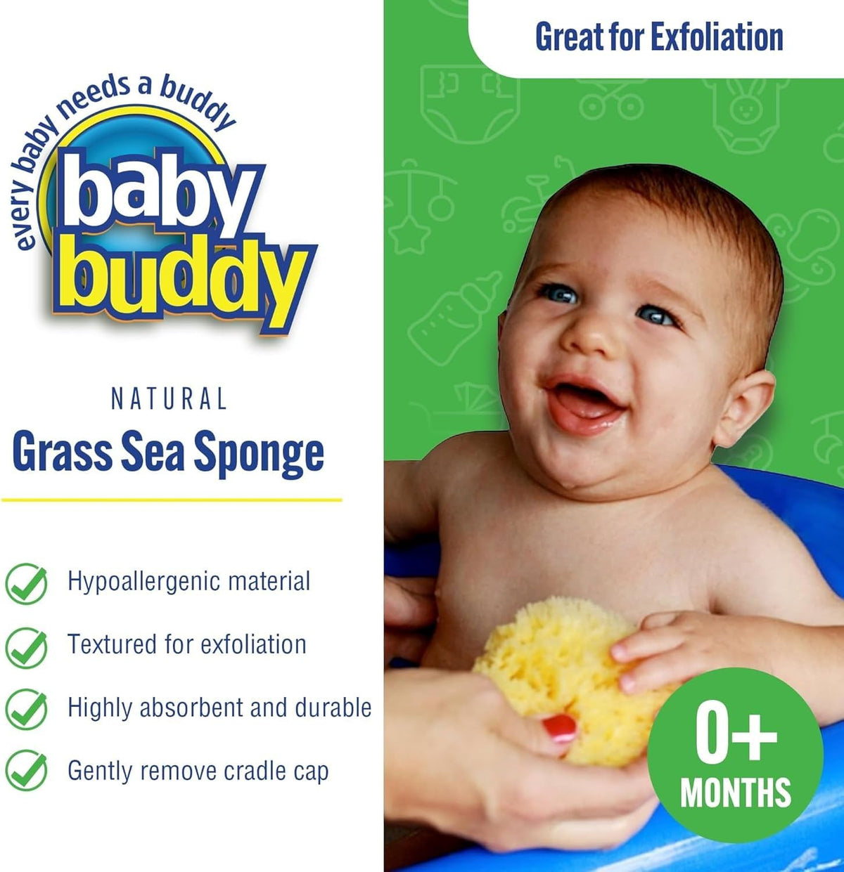 Baby Buddy Absorbent Natural Bath Sponge, Soft Exfoliating Grass Sponge, Soft on Baby's Tender