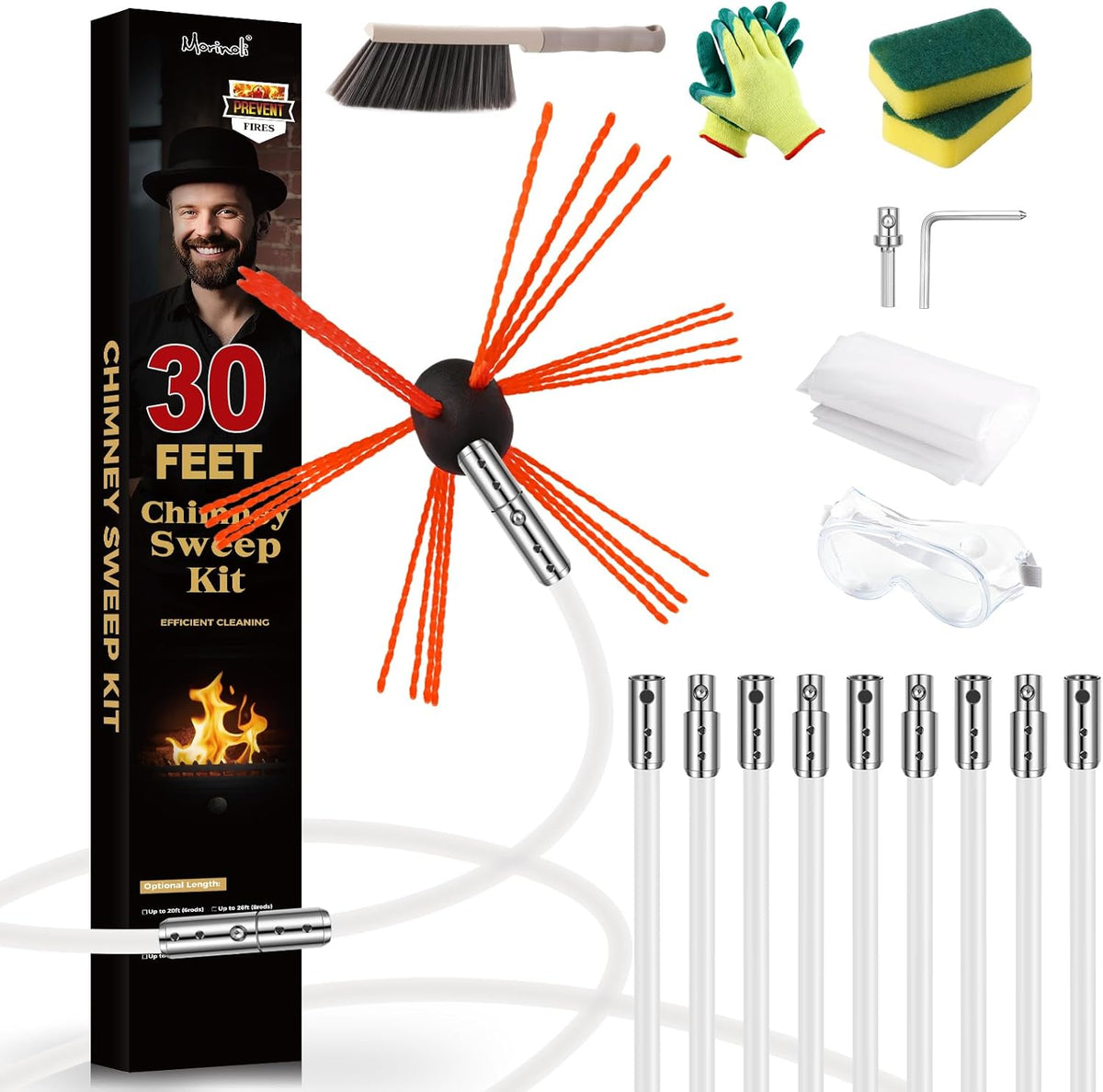 30 Feet Chimney Sweep Kit, Chrome Button Locking System, Chimney Cleaning Kit, Chimney Brush