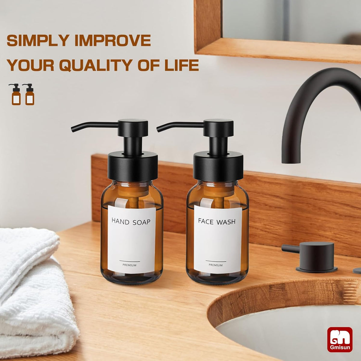 GMISUN Foaming Soap Dispenser, 8.5 fl oz / 250ml Amber Glass Foam Soap Dispenser for Bathroom &