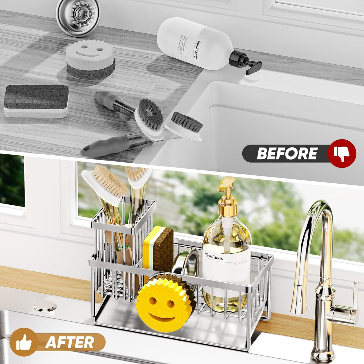 Sponge Holder for Kitchen Sink,Smiley Face Sink Caddy with Removable Brush Holder,Self-Draining