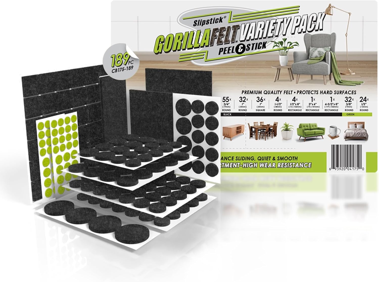 Slipstick Gorilla Felt Furniture Pads (189 Piece Variety Pack) Premium Furniture Pads & Chair Leg
