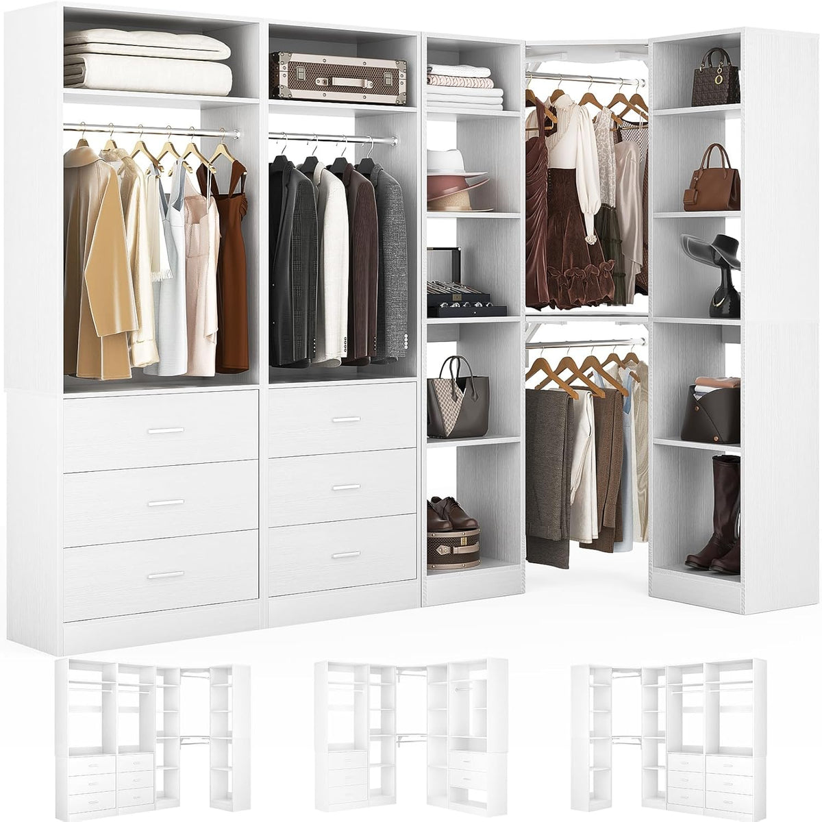 Corner Closet System with 6 Drawers, Closet Organizer System with 14 Shelves & 4 Hanging Rods