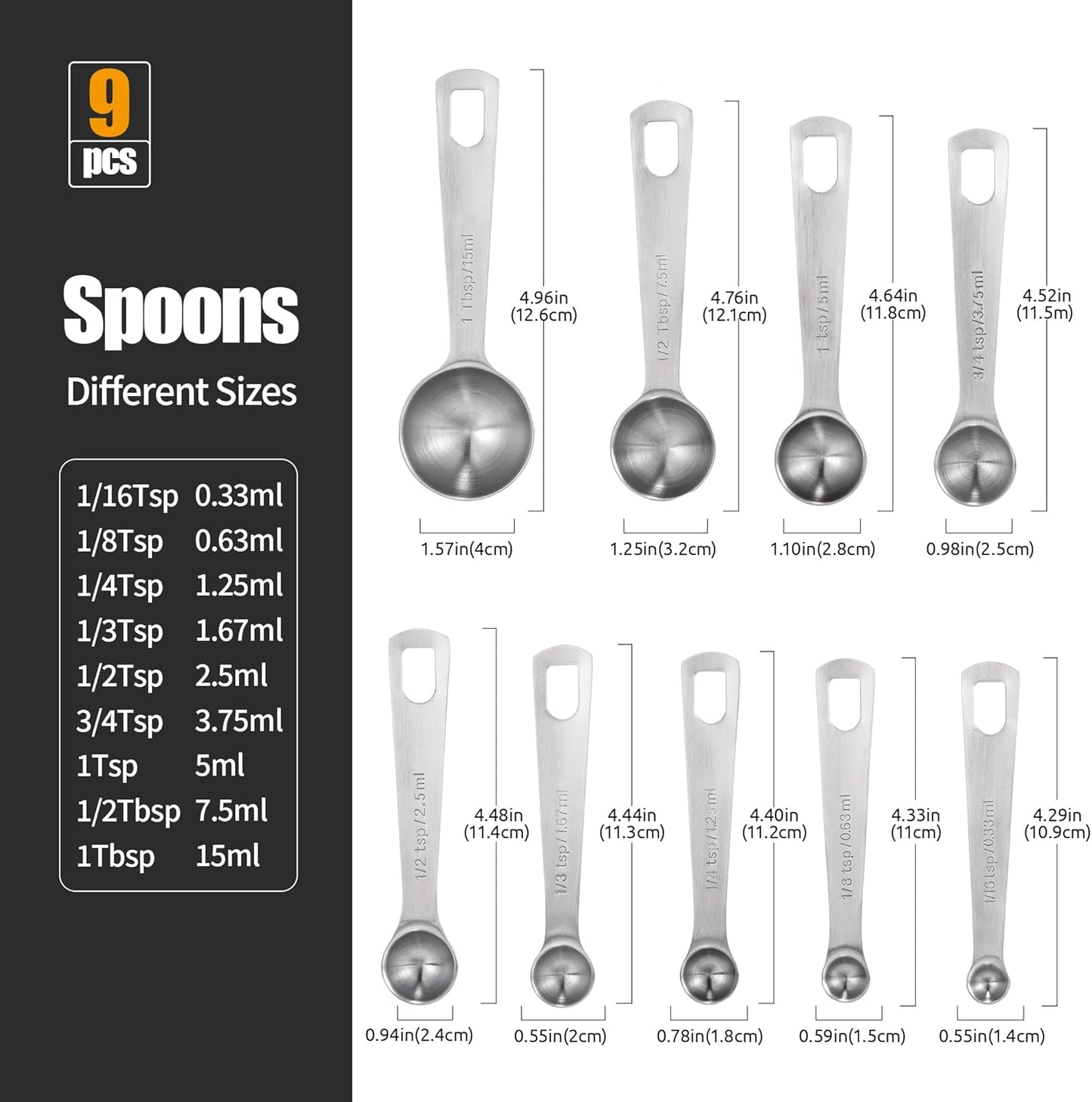 Doosu Measuring Spoons Set of 9-18/8 Stainless Steel Heavy Duty Teaspoons Tablespoons with Engraved