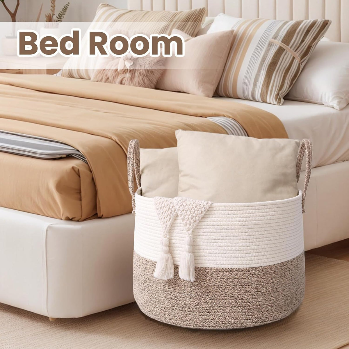 Woven Blanket Basket,115L Large Rope Storage Bin with Handles, Organizer for Blankets Toys Book and