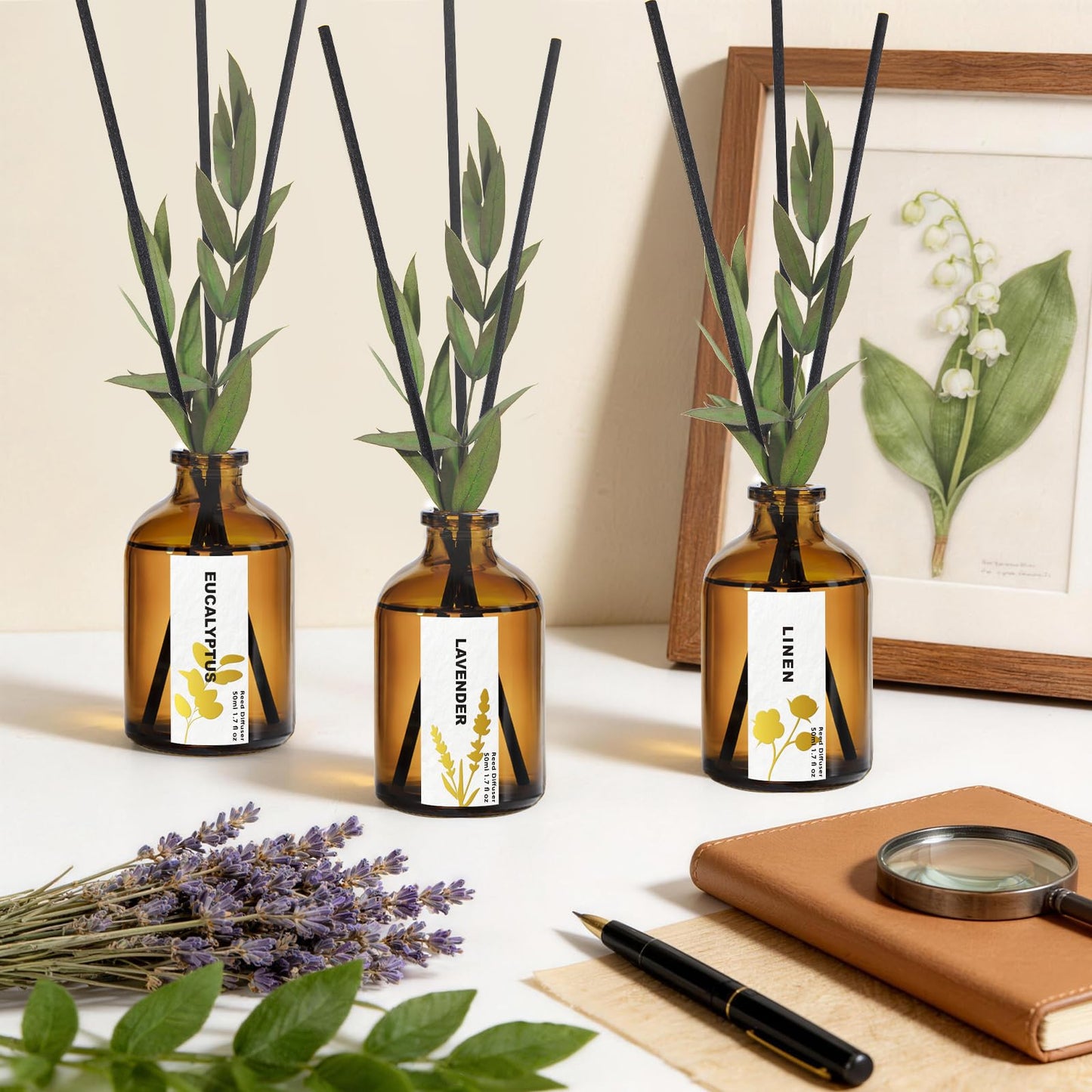 Reed Diffuser Set of 3, Eucalyptus, Linen & Lavender Scented Oil Diffusers with 15 Reeds