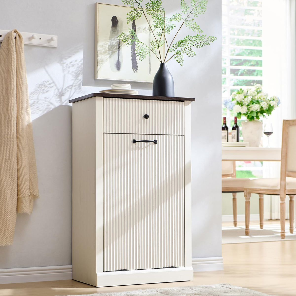 Modern Tilt-Out Trash Can Cabinet, 10 Gallon Fluted Laundry Hamper Cabinet with Drawers, Wooden