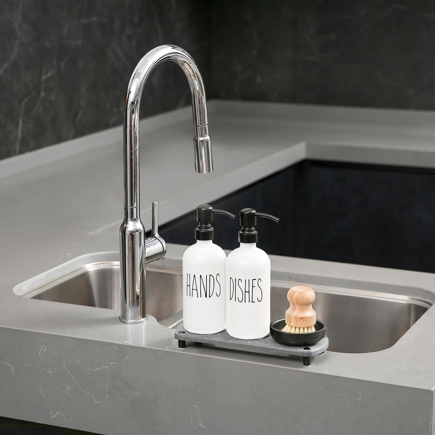 MOMEEMO White Soap Dispenser Set Comes with Stainless Pumps, Black Instant Dry Tray, and Dish Scrub