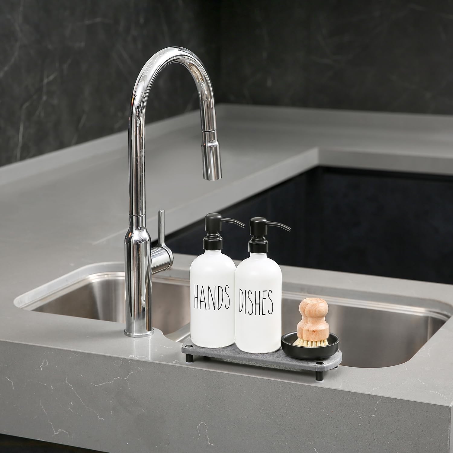 MOMEEMO White Soap Dispenser Set Comes with Stainless Pumps, Black Instant Dry Tray, and Dish Scrub