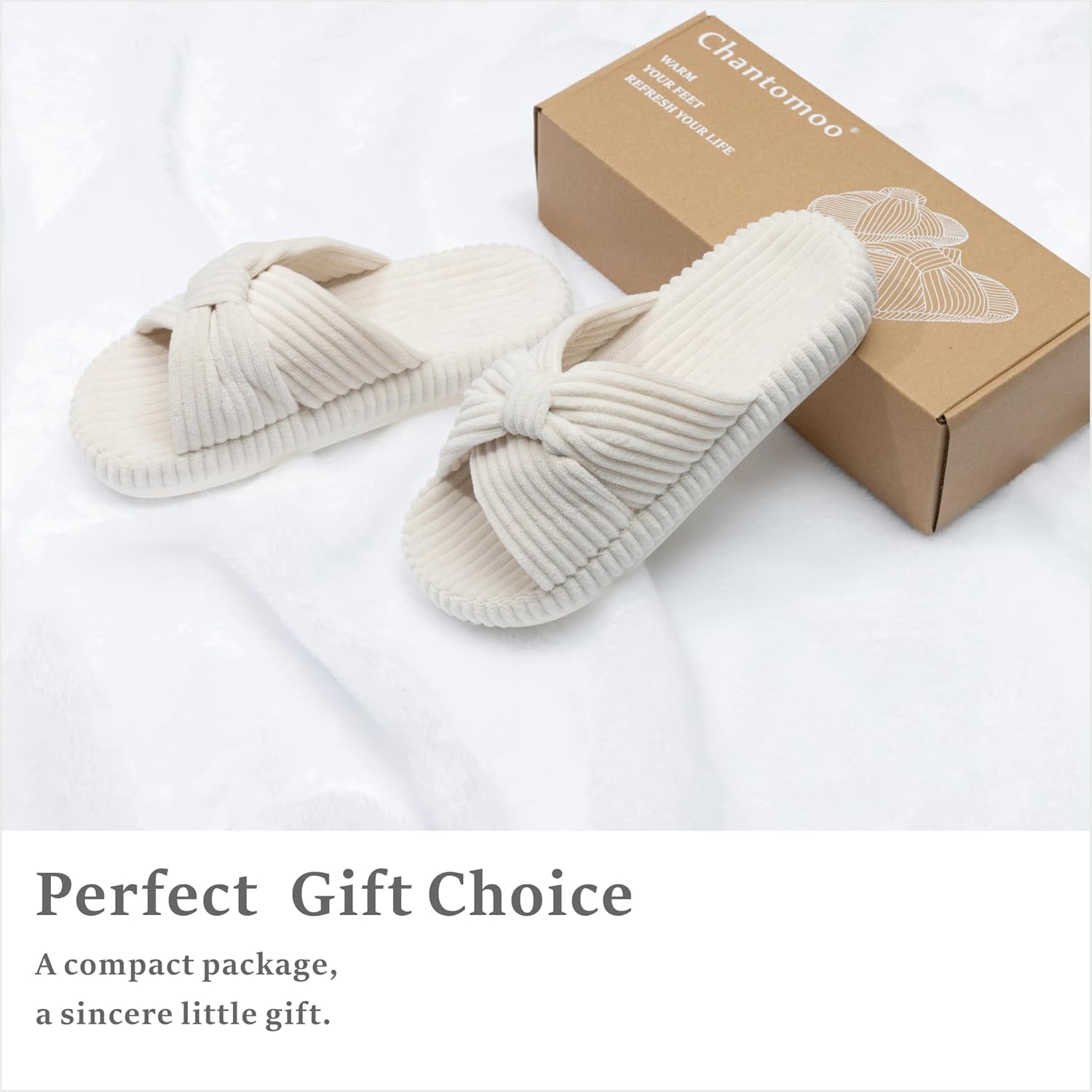 Chantomoo Slippers for Women Memory Foam House Bedroom Corduroy Bow Crossbands Slide Slipper Shoes