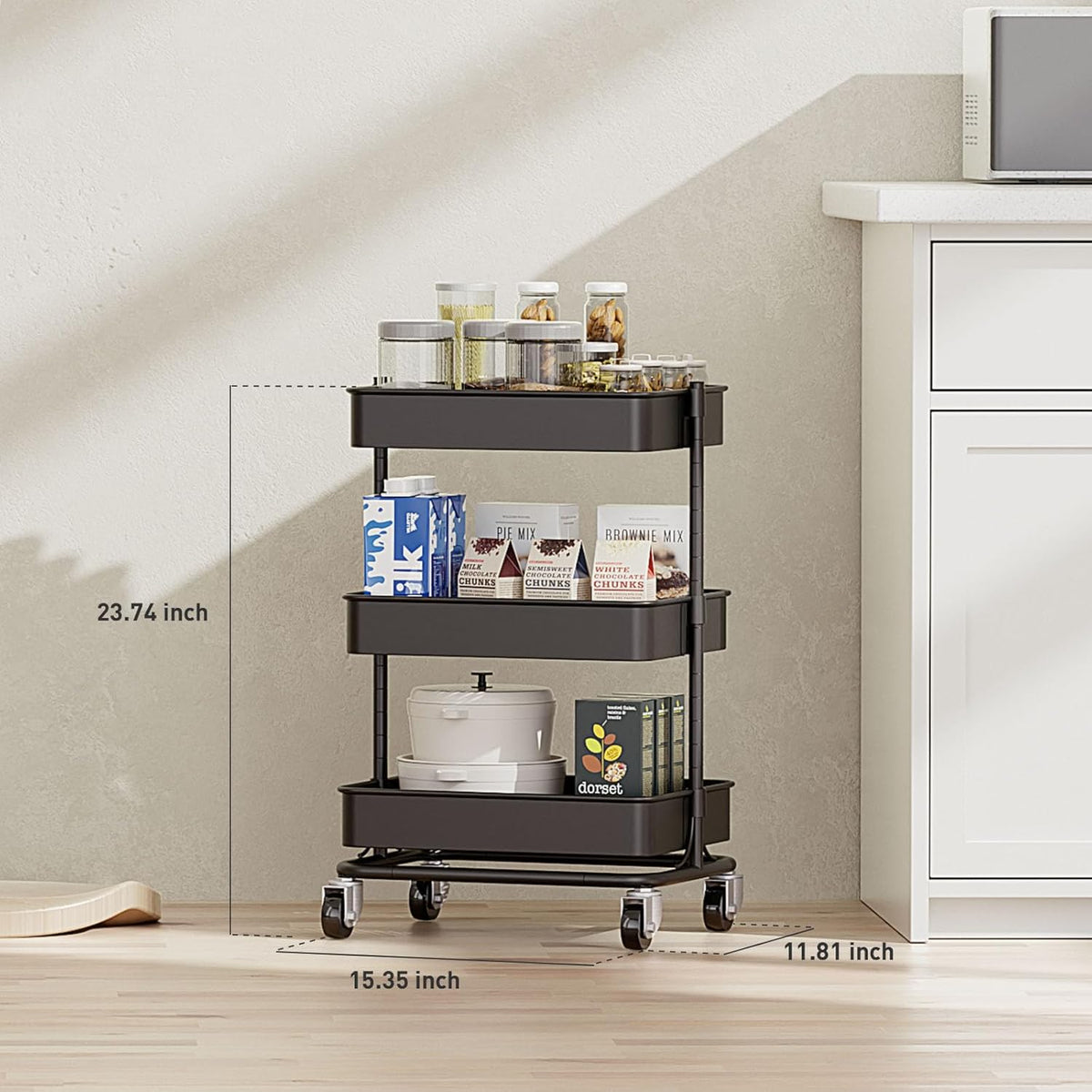 3 Tier Modern Metal Rolling Tool Cart with Silent Casters, 15.35x11.81x23.74 inch Heavy Duty