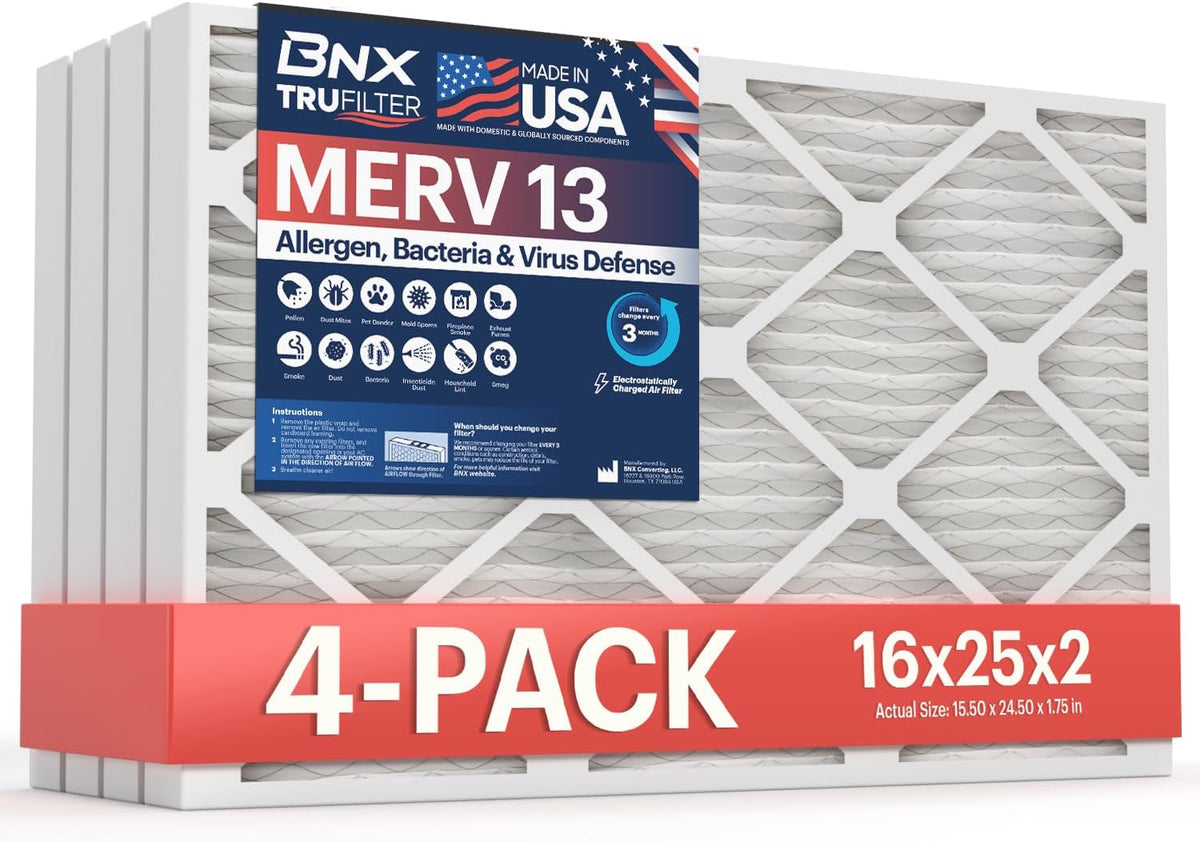 BNX TruFilter 16x25x2 Air Filter MERV 13 (4-Pack) - MADE IN USA - Electrostatic Pleated Air