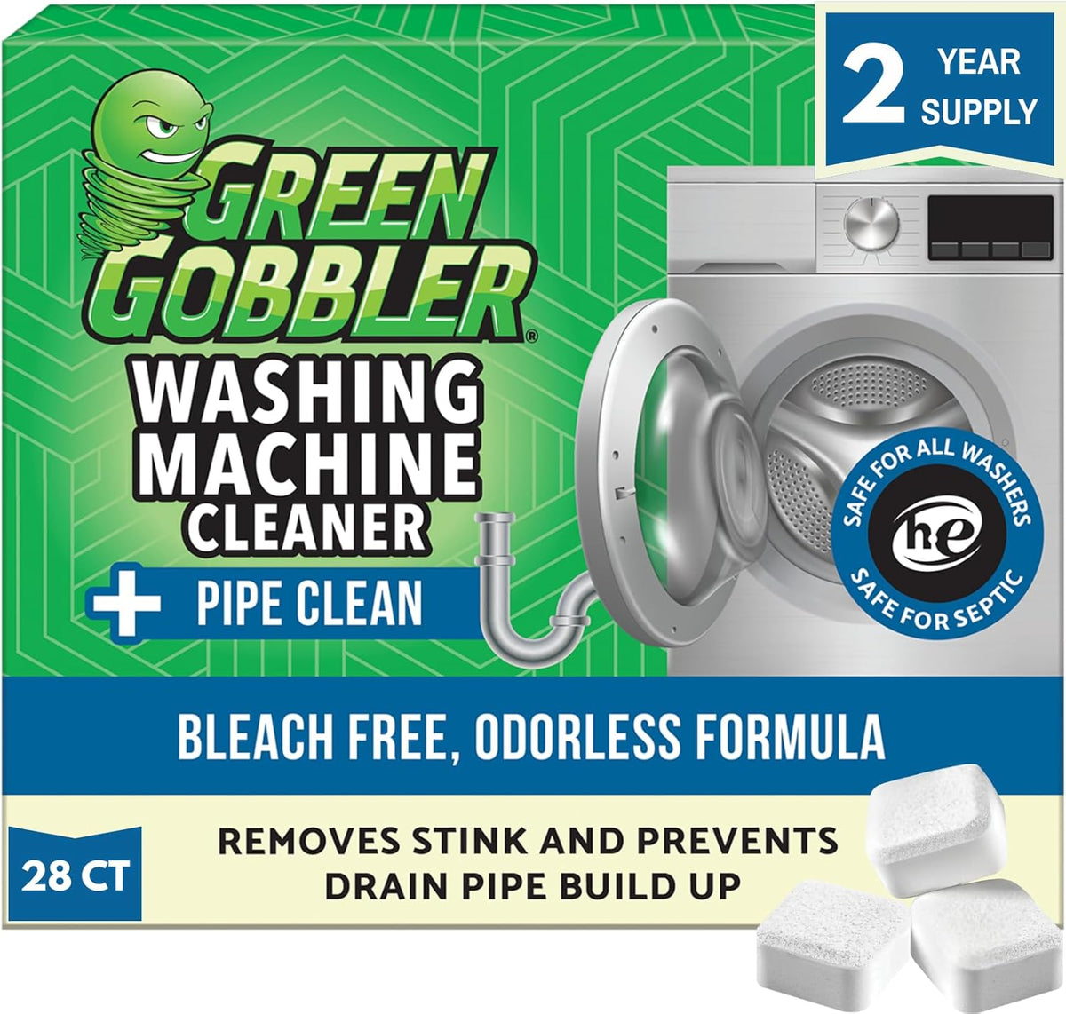 Green Gobbler Washing Machine Cleaner Tablets with Pipe Clean Technology Deodorizer | Front & Top