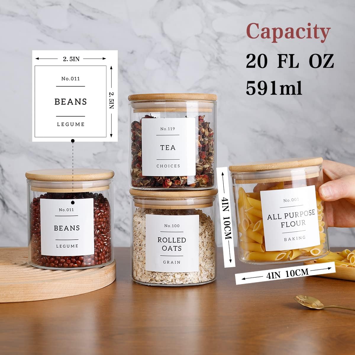 20 OZ Glass Food Storage Jars with 132 Pantry Labels Preprinted - 6 Pcs Thicken Glass Storage