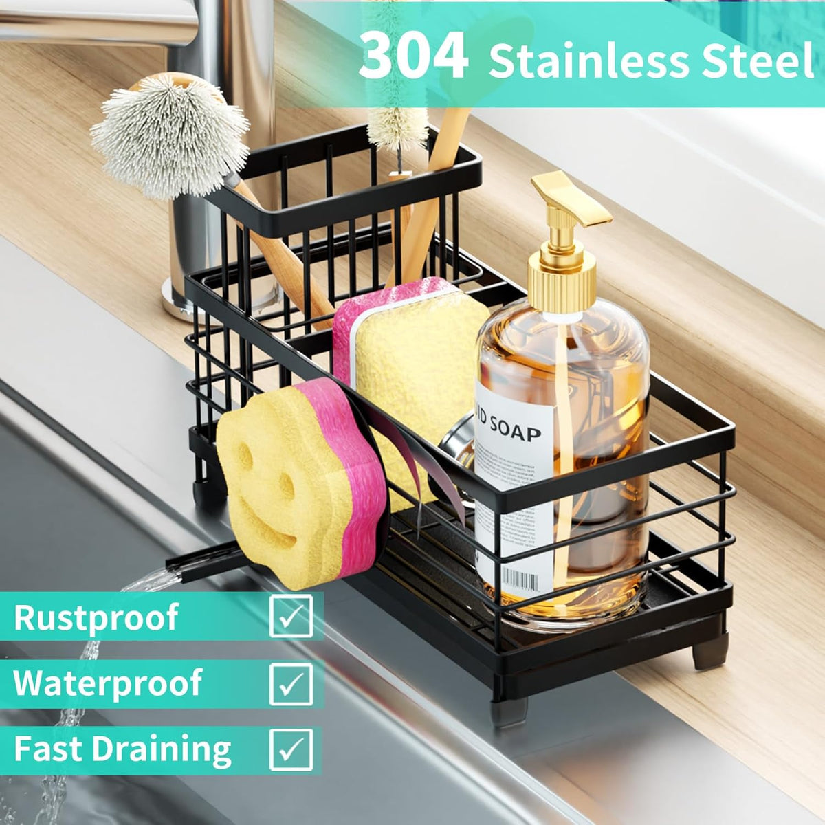 HapiRm Sponge Holder for Kitchen Sink - Self-draining Sink Caddy with Smiley Face and Brush Holder