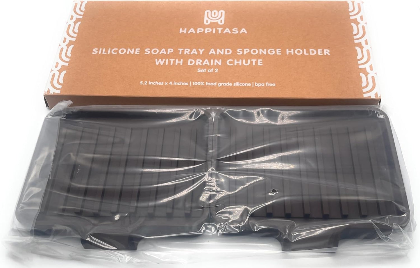 Happitasa Silicone Soap Dish Tray and Sponge Holder with Drain Chute, Pack of 2 | Bathroom and