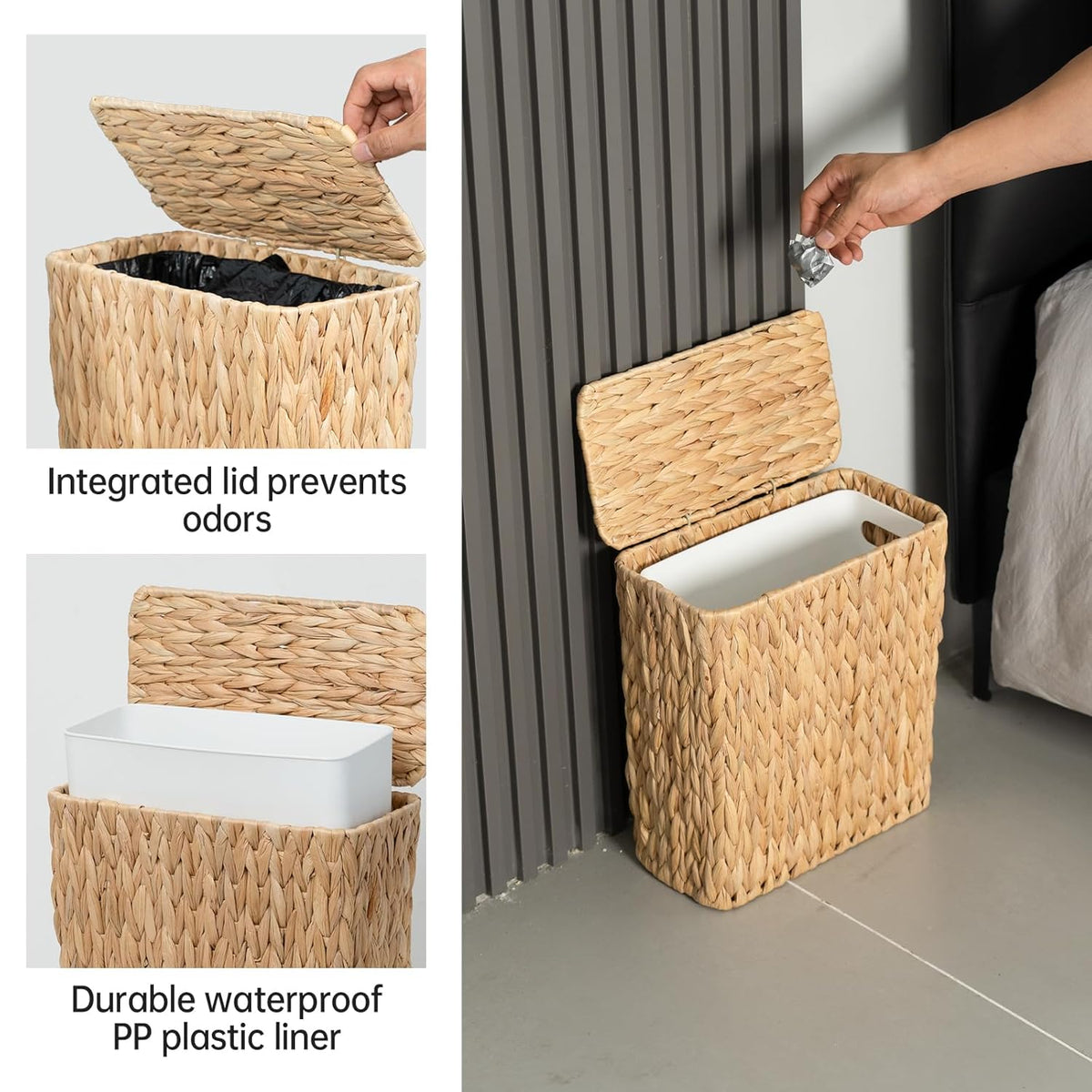 3 Gallon Wicker Trash Can,Small Bathroom Trash Can with Lid,Natural Water Hyacinth Wicker Waste