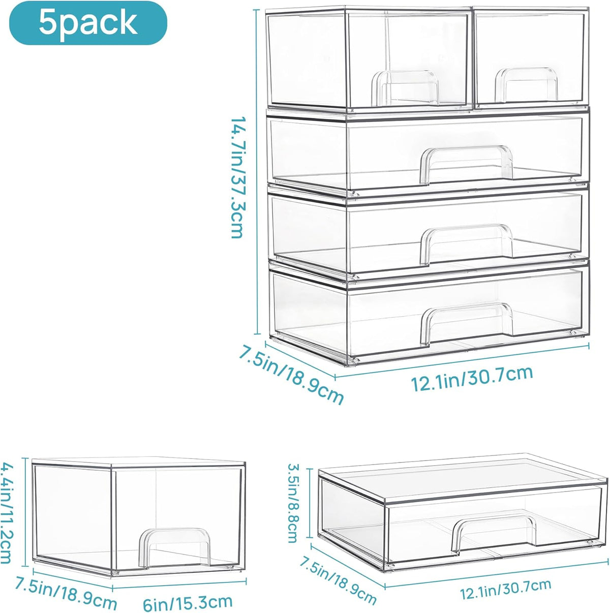 Vtopmart Clear Stackable Storage Drawers Set of 5, Plastic Organizer Bins for Makeup, Cosmetics