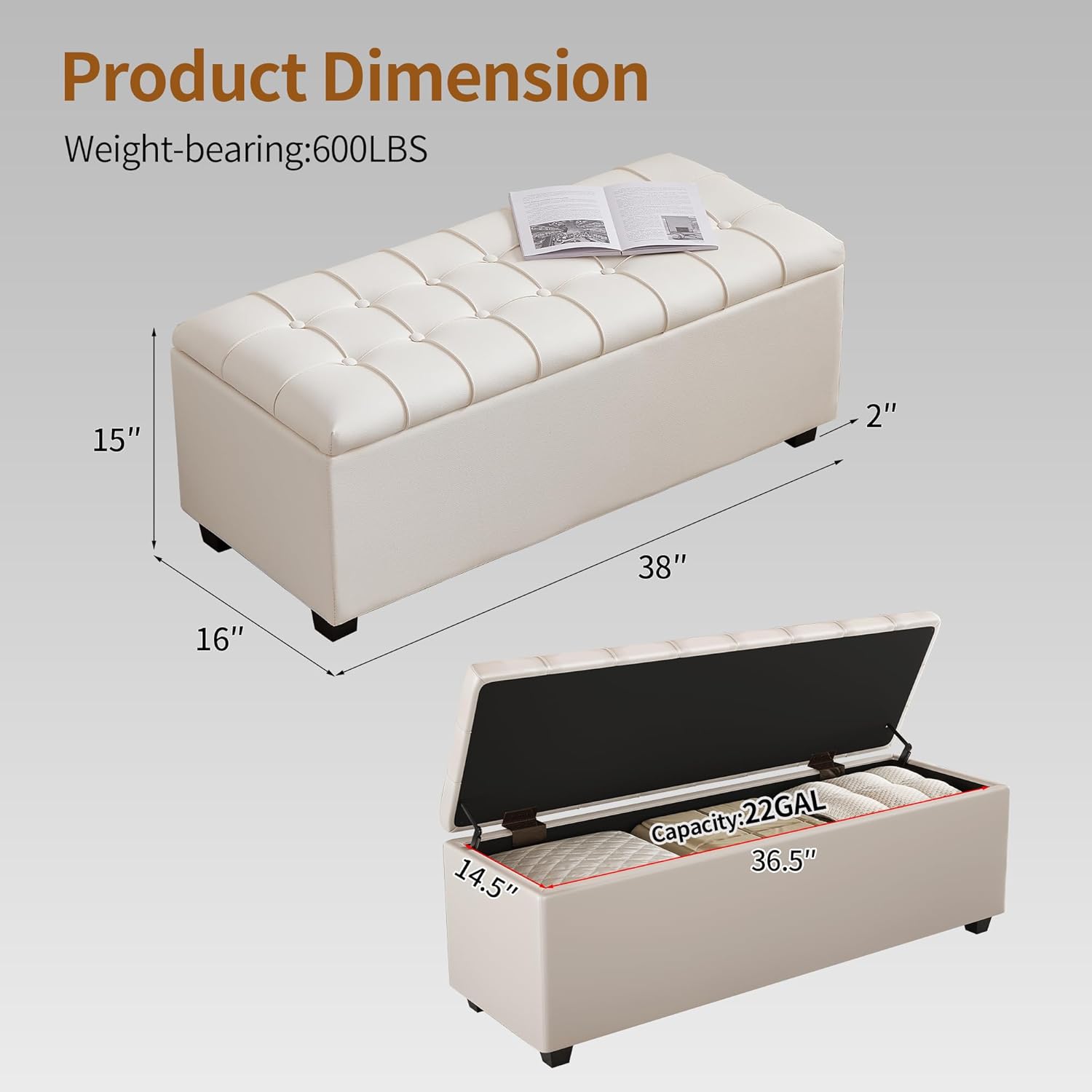 Small 38 Inches Long White Ottoman Bench with Storage,Footstool Furniture End of Bed Benches,Faux