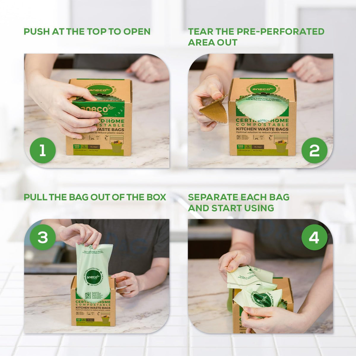 ANECO Compostable Trash Bags 4 Gallon (Flat-Top, 100 Count), Extra Strong for Medium Kitchen