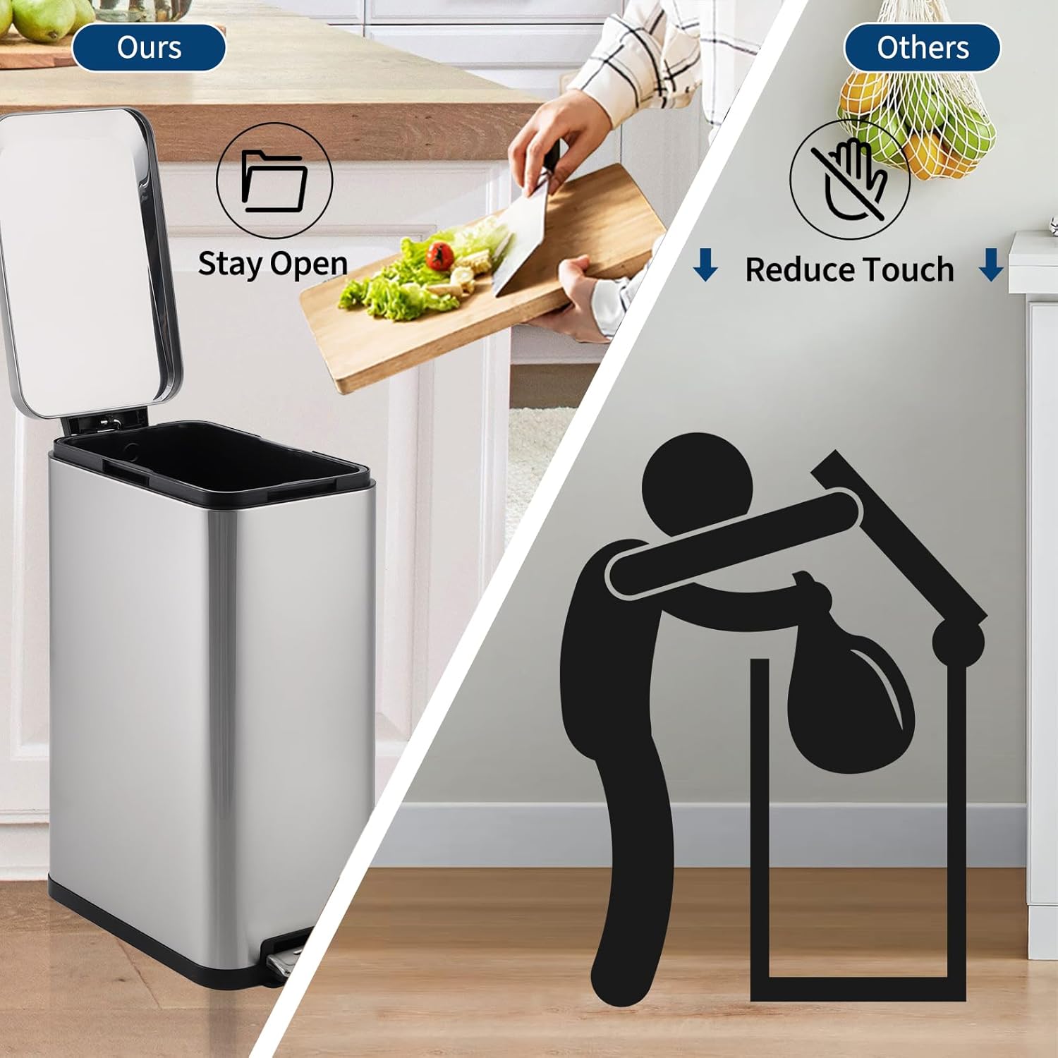 Garvee 13 Gallon Kitchen Trash Can, Stainless Steel Step Garbage Bin with Soft-Close Lid &