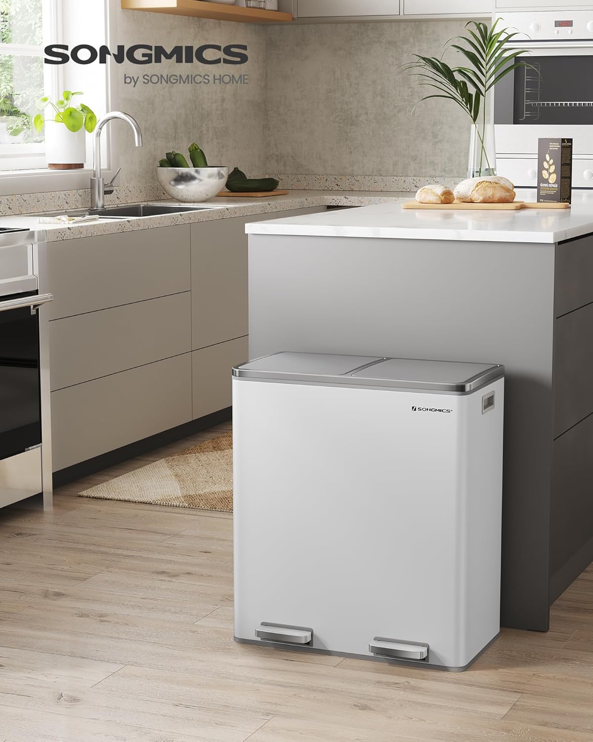 SONGMICS Trash Can, 2 x 8 Gallon (2 x 30 L) Garbage Can for Kitchen, with 15 Trash Bags, 2