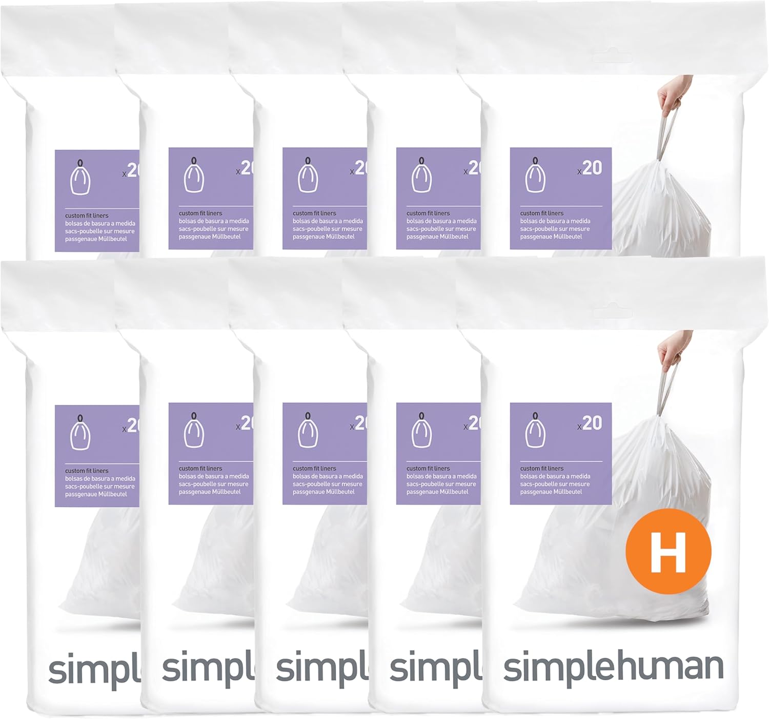 simplehuman Code H 200 Count, Dispenser Pack Custom Fit Liners, Drawstring Trash Bags, 30-35 Liter