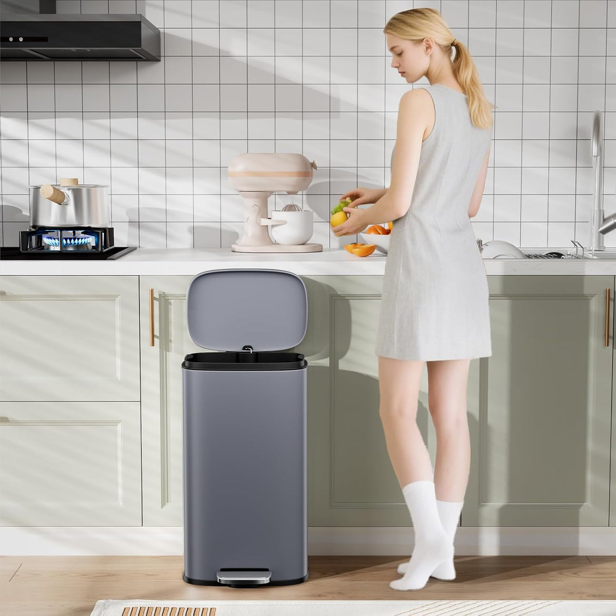 Arlopu 8 Gallon Step Trash Can, Stainless Steel Garbage Bin, Soft-Close Rubbish Bin with Removable