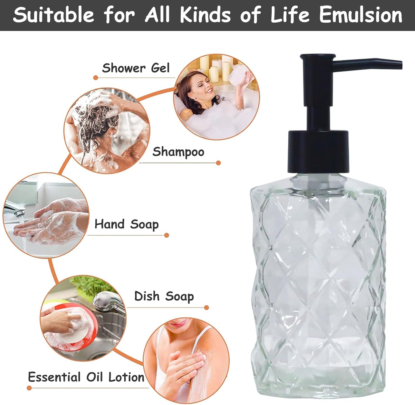 Crystal Glass Soap Dispenser, 12oz Clear Bathroom Hand Dispenser, Lotion Dispenser with Black