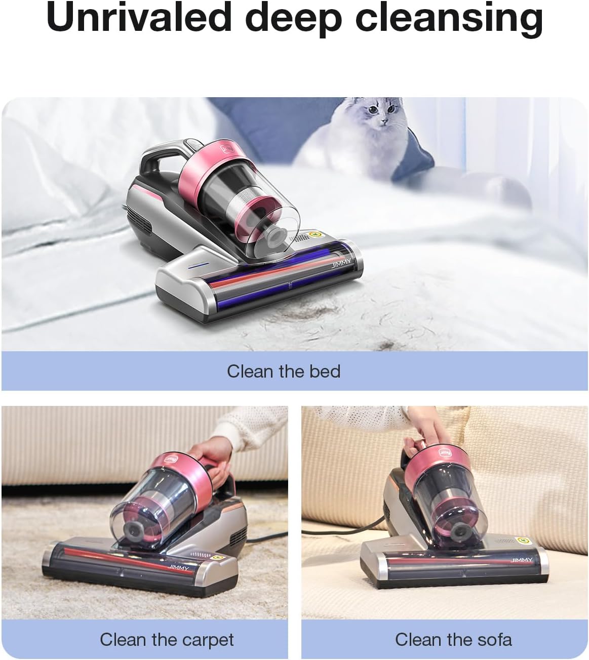Jimmy Mattress Vacuum Cleaner, Bed Vacuum Cleaner with UV-C Light & Ultrasonic, 15Kpa Suction 500W