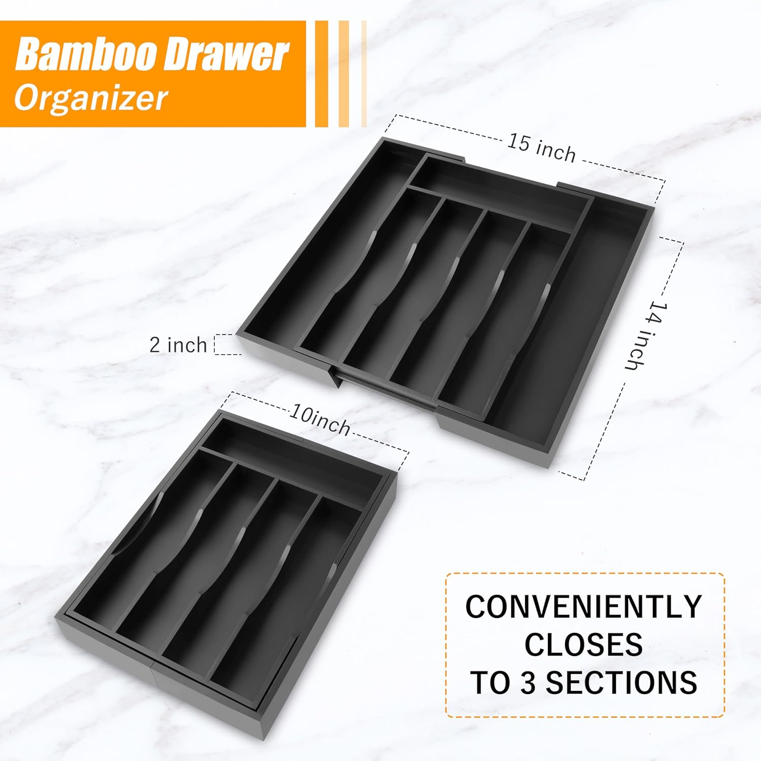 Bellsal Black Silverware Organizer Kitchen Drawer Organizer Expandable Bamboo Utensil Holder