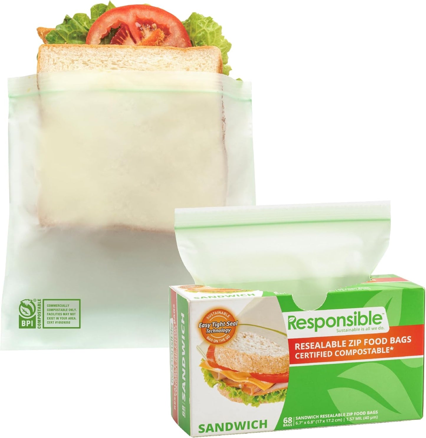 Responsible Products Certified Compostable SANDWICH Resealable Zip Bag, Extra Strength Food Bags