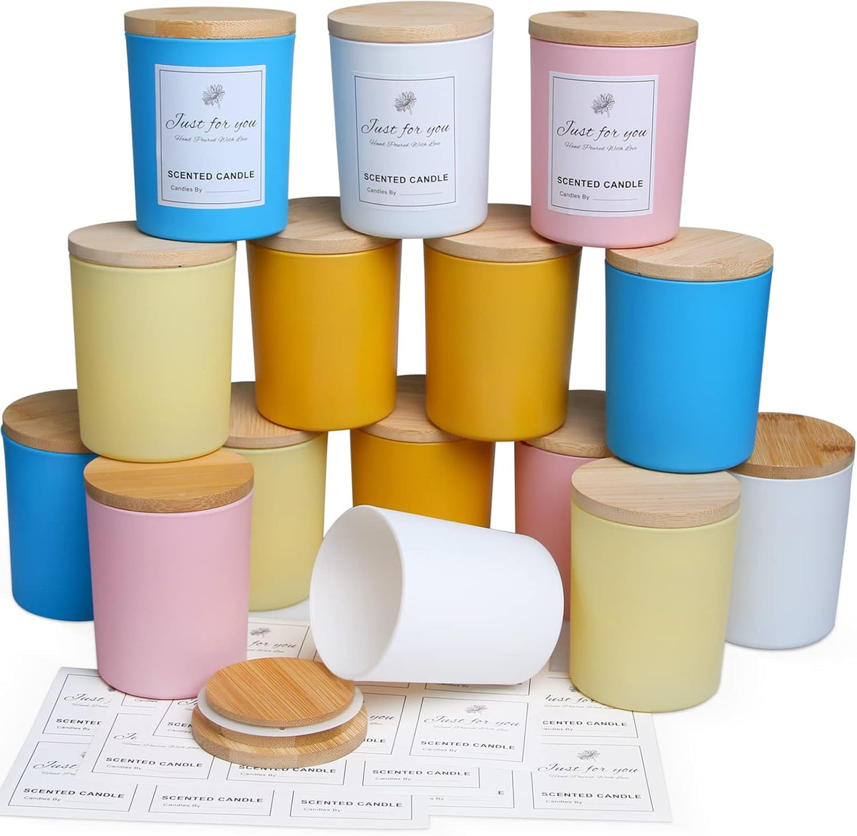 CONNOO 15 Pack Colorful Glass Candle Jars with Bamboo Lids for Making Candles, 7 oz Empty Candle