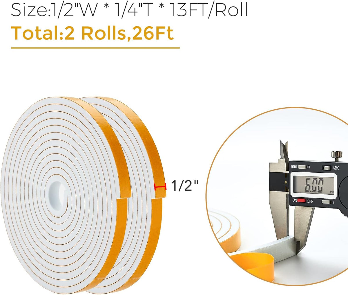 26 Feet Weather Stripping Door Seal, 1/2" Wide X 1/4" Thick Door Seal Strip High Density Foam Tape