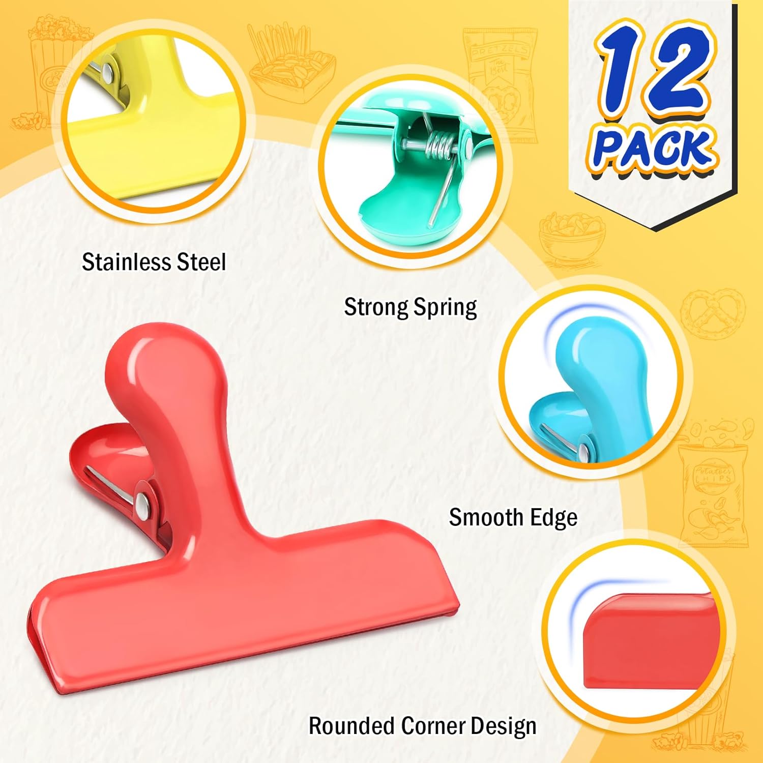 VNDUEEY 12 Pack Stainless Steel Chip Bag Clips, Chip Clips for Food Bags, Heavy Duty Metal Clip for