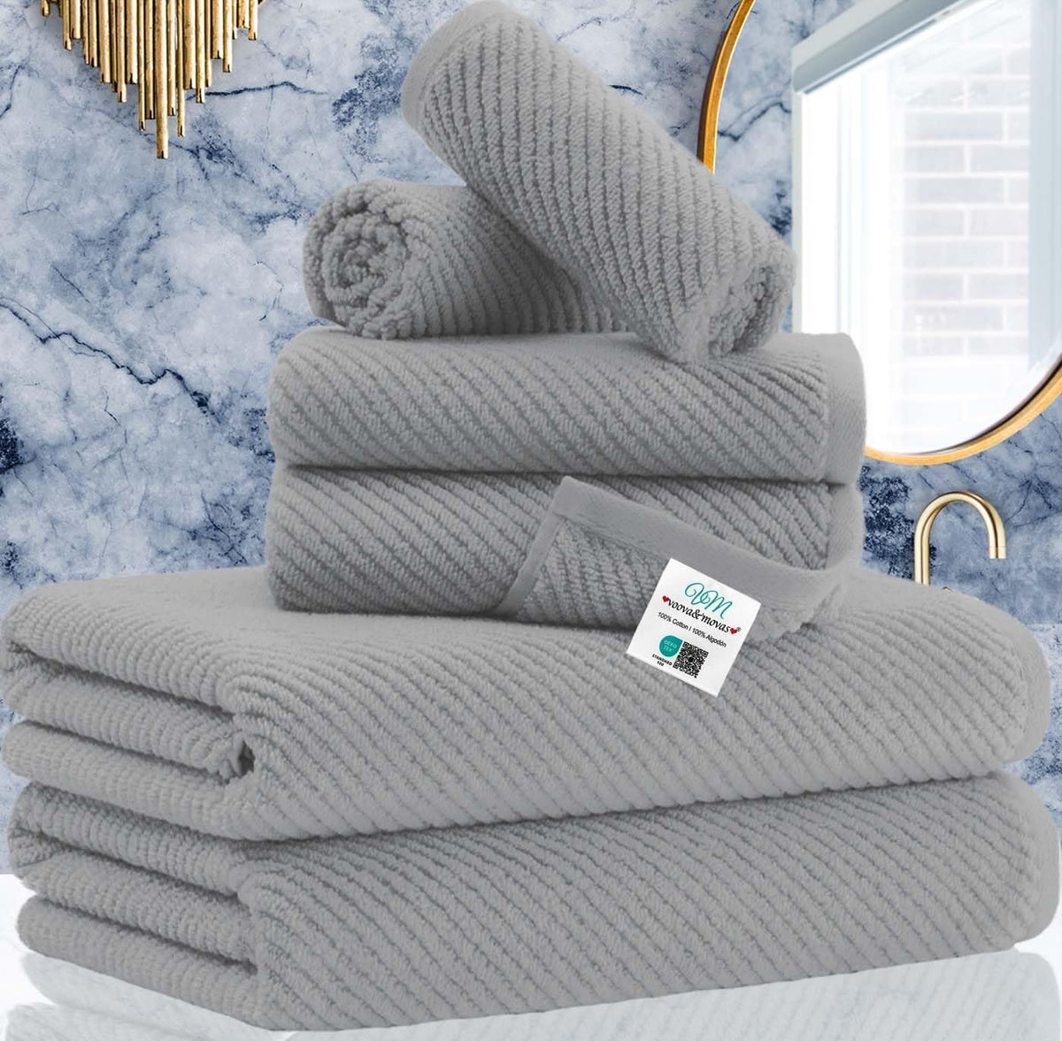 VOOVA & MOVAS Grey Bathroom Towel Sets - 100% Cotton | Lightweight | Quick Dry | Thick | Soft, 6