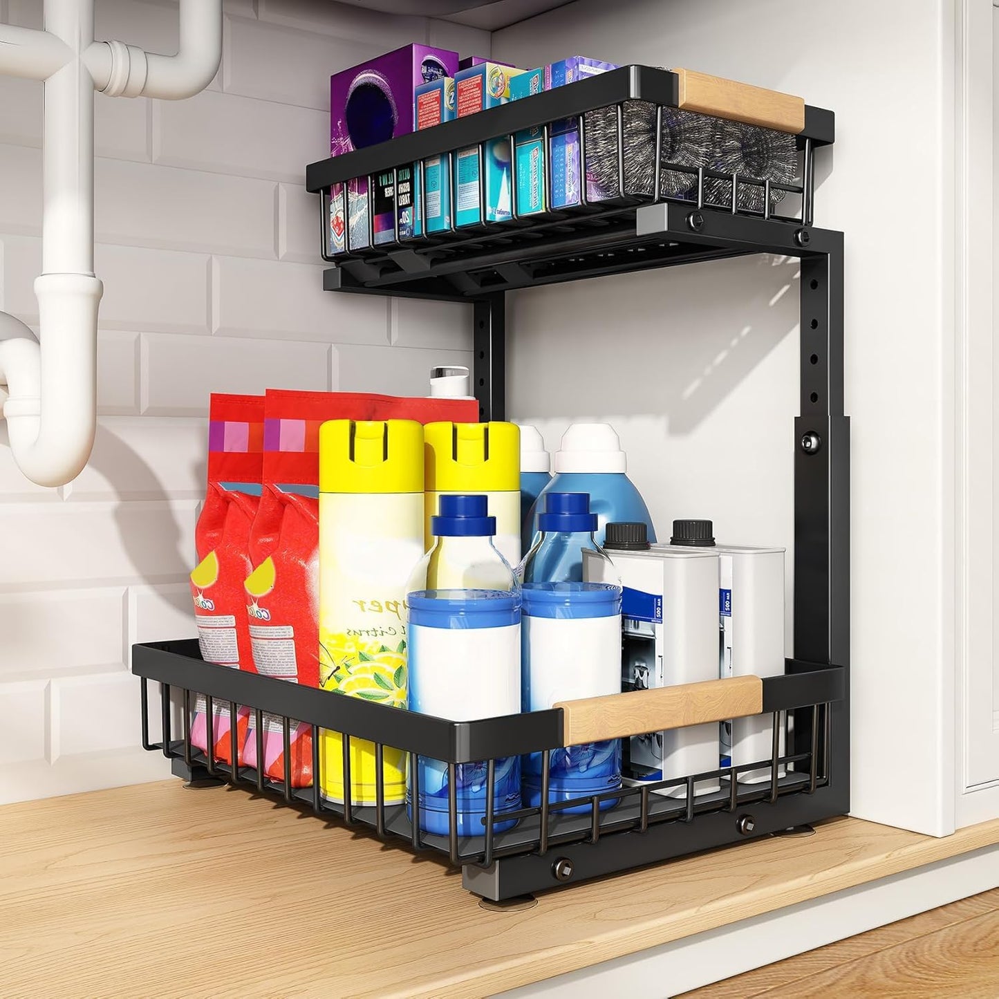 PXRACK Large Under Sink Organizer, Adjustable Height, 2-Tier Slide Out,Thickened Metal Shelf Under