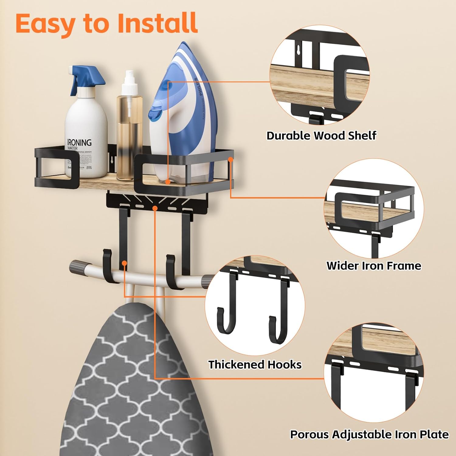 Ironing Board Holder Wall Mount, Iron Board Wall Hanger, Sewing, Laundry Room Organization, Black