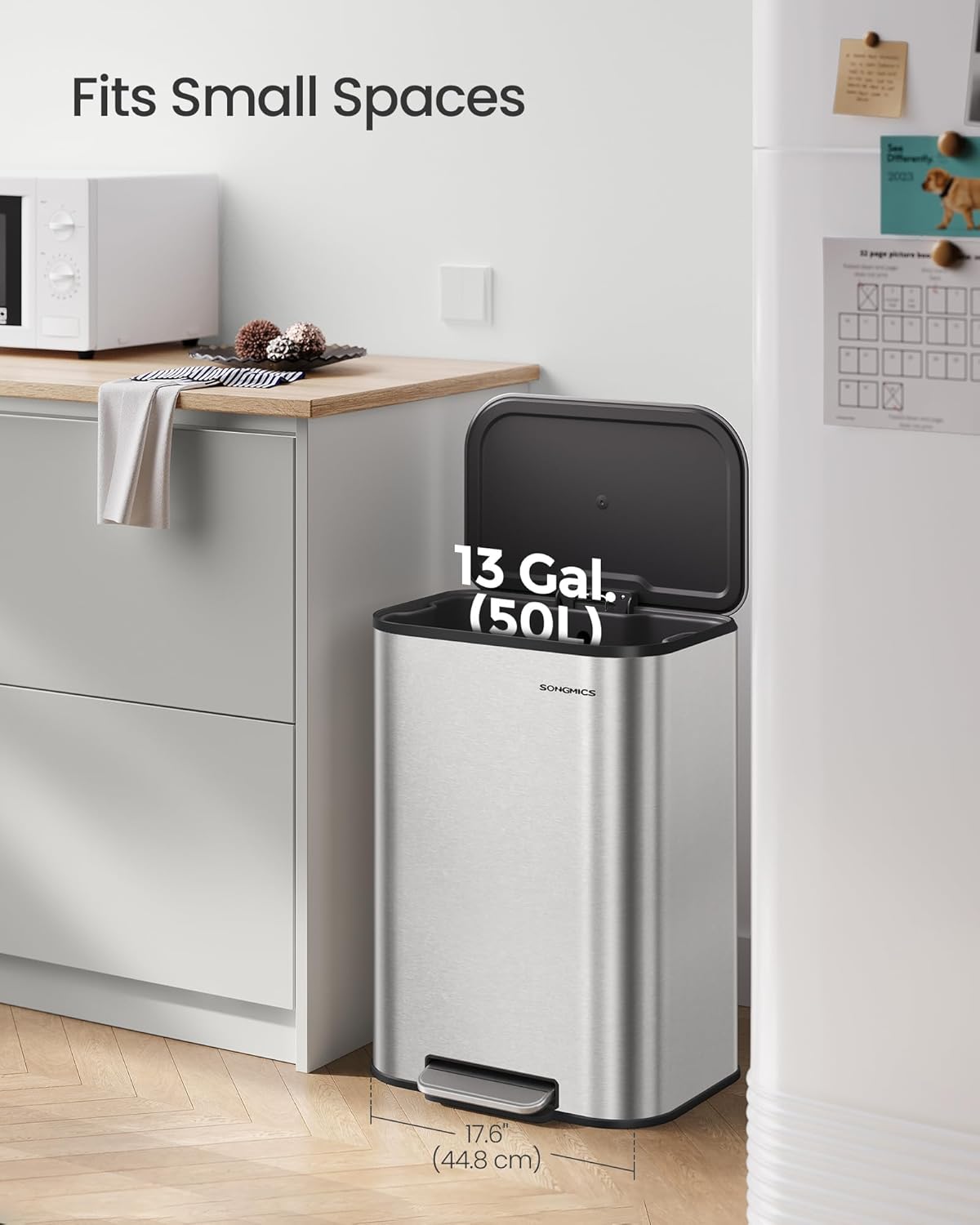SONGMICS Kitchen Trash Can, 13-Gallon (50 L) Garbage Can with Lid, Stainless Steel, Soft Close and