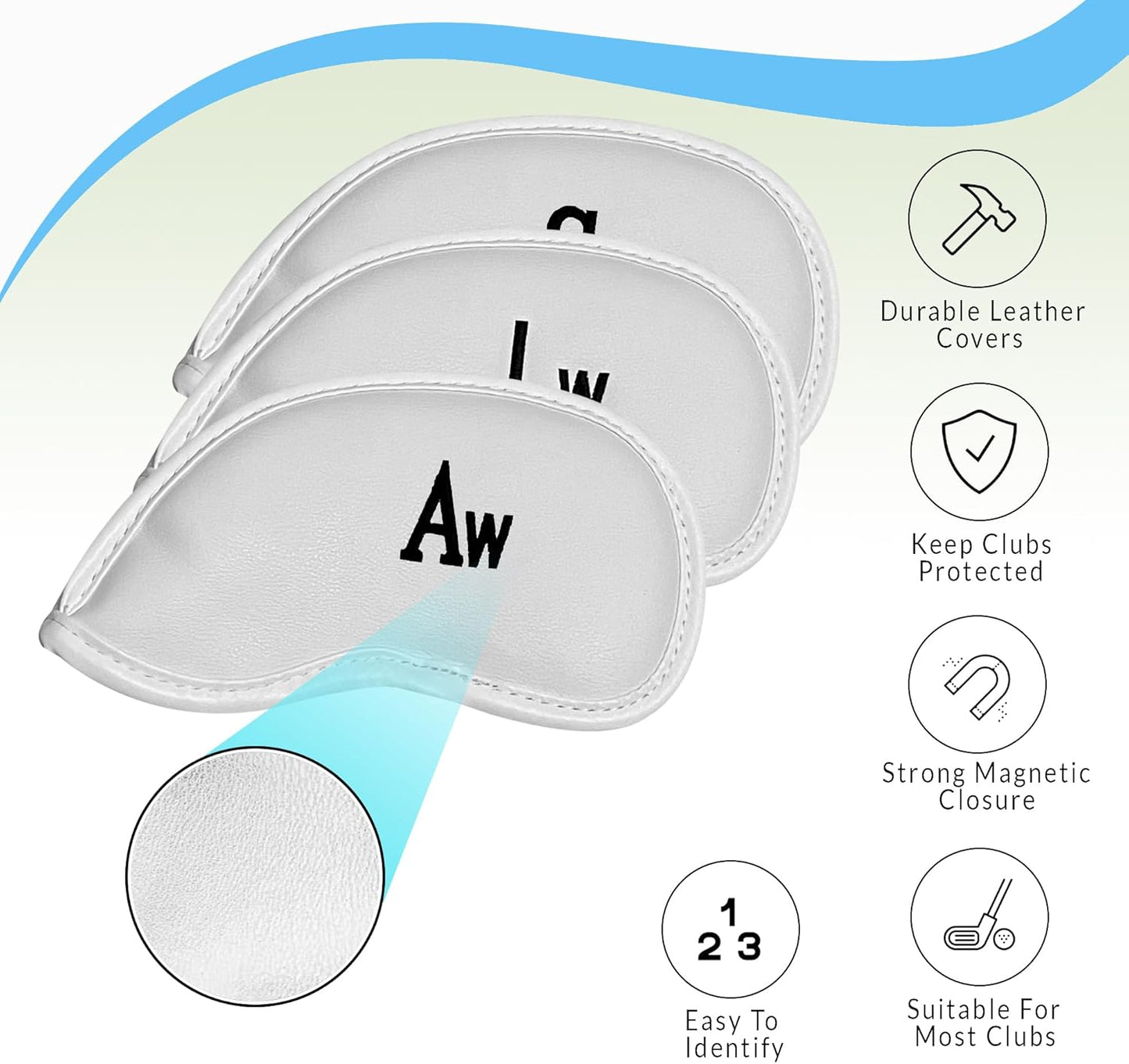 Premium Magnetic Leather Iron and Wedge Golf Club Head Covers | Set of 10 | Fits Most Clubs |