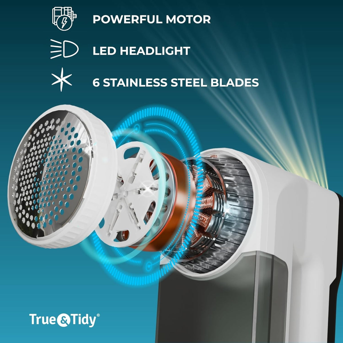 True & Tidy XL Rechargeable Fabric Shaver with Light, 6-Leaf Steel Blades, 3-Speed Motor, LED