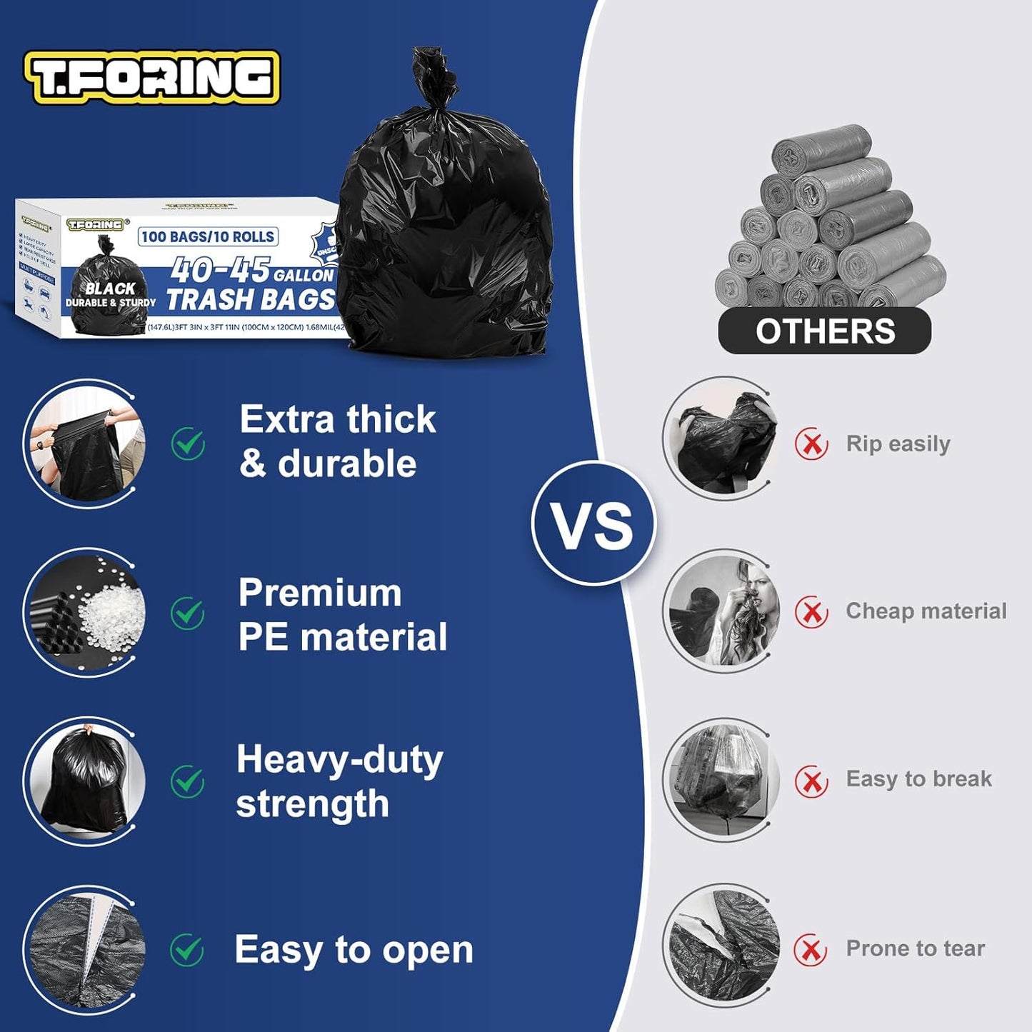 Large 40-45 Gallon Trash Bags Heavy Duty - 1.6 Mil Thick,39''x47'' Strong Black Garbage Bags
